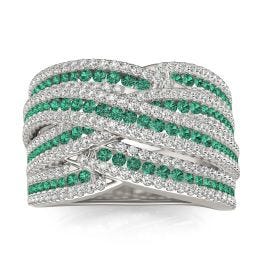 1 CTW Round Caydia Lab Grown Diamond Crossover Ring 14K White Gold featuring Created Emerald