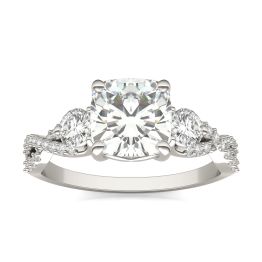 2.18 CTW DEW Cushion Forever One Moissanite Three Stone Twist Engagement Ring 14K White Gold