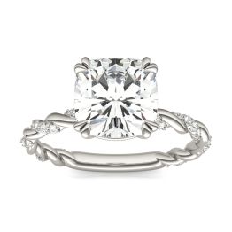 2.59 CTW DEW Cushion Forever One Moissanite Solitaire with Twist Side Accents Engagement Ring 14K White Gold
