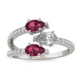 3/4 CTW Pear Caydia Lab Grown Diamond Couture Three Stone Fashion Ring 14K White Gold featuring Created Ruby