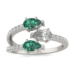 3/4 CTW Pear Caydia Lab Grown Diamond Couture Three Stone Fashion Ring 14K White Gold featuring Created Emerald