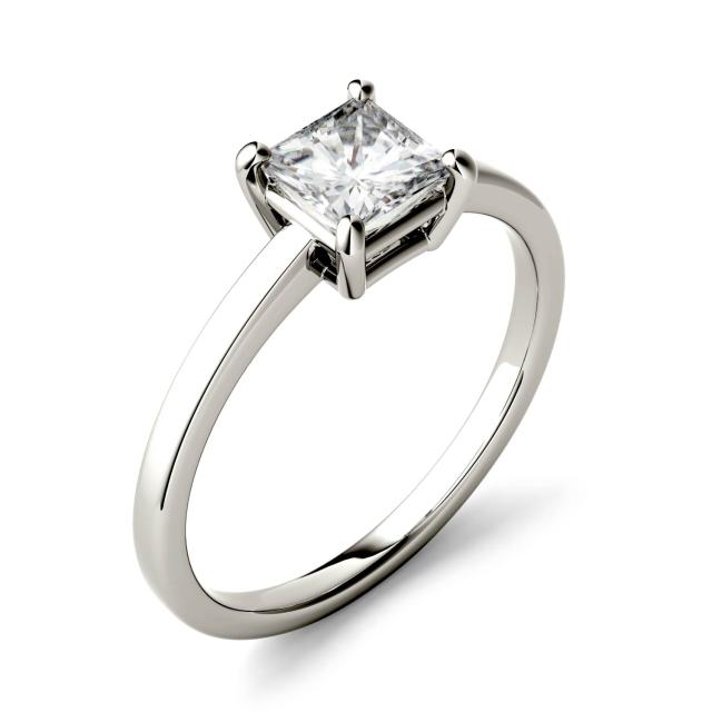0.90 CTW DEW Princess Forever One Moissanite Four Prong Solitaire Ring in 14K White Gold