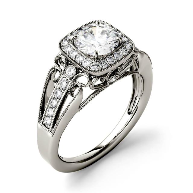 1.28 CTW DEW Round Forever One Moissanite Milgrain Halo with Side Accents Engagement Ring in 14K White Gold