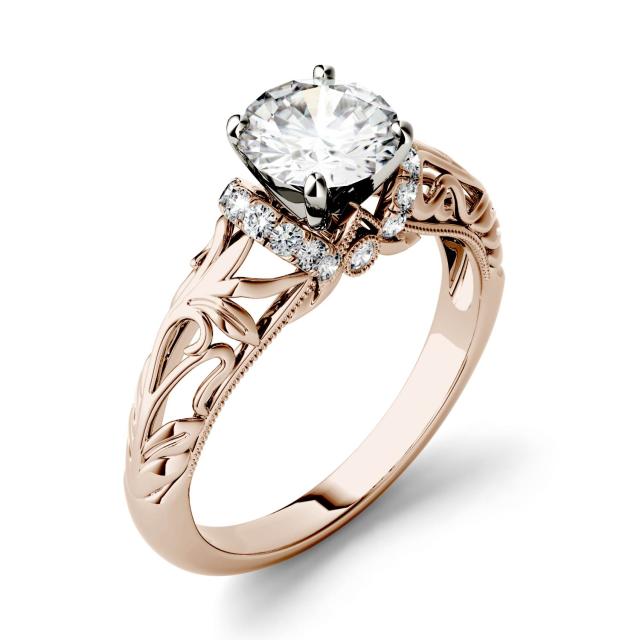 0.67 CTW DEW Round Forever One Moissanite Floral Band Solitaire with Side Accents Engagement Ring in 14K Rose Gold