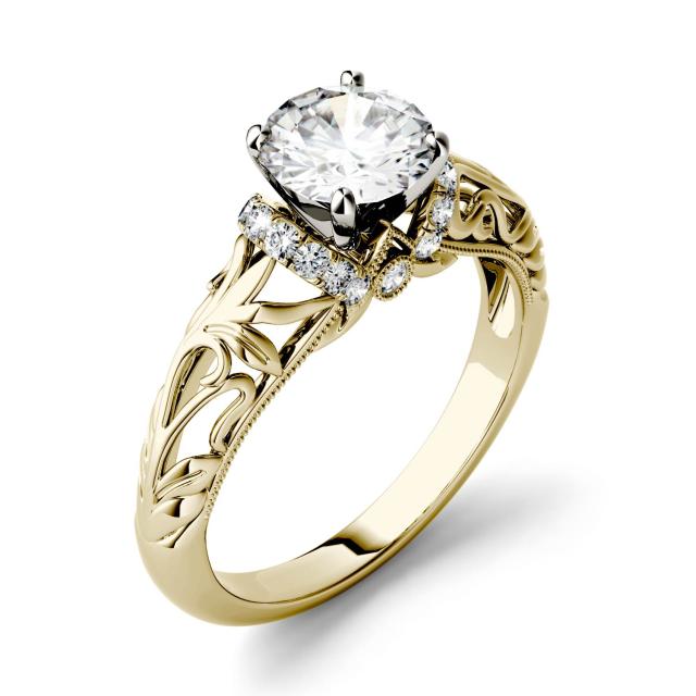 0.67 CTW DEW Round Forever One Moissanite Floral Band Solitaire with Side Accents Engagement Ring in 14K Yellow Gold
