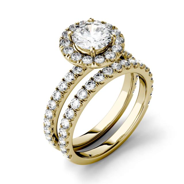 2.01 CTW DEW Round Forever One Moissanite Halo with Side Accents Bridal Ring in 14K Yellow Gold