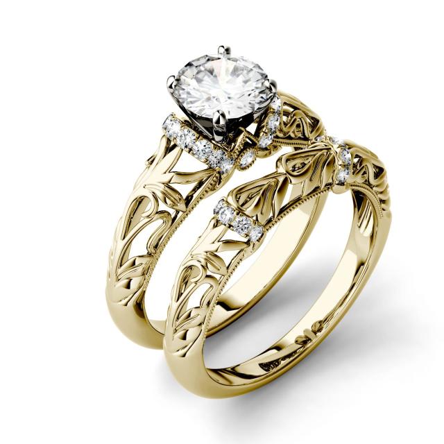 1.23 CTW DEW Round Forever One Moissanite Floral Band Solitaire with Side Accents Bridal Ring in 14K Yellow Gold