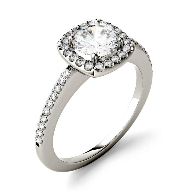 1.20 CTW DEW Round Forever One Moissanite Halo with Side Accents Engagement Ring in 14K White Gold