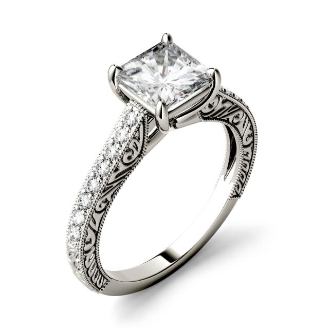 1.74 CTW DEW Square Forever One Moissanite Side Stone with Scrollwork Ring in 14K White Gold