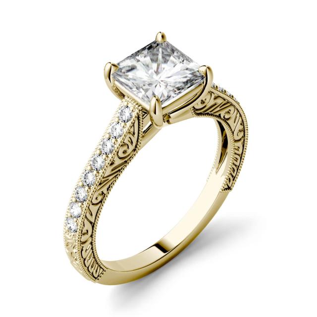 1.14 CTW DEW Square Forever One Moissanite Side Stone with Scrollwork Ring in 14K Yellow Gold