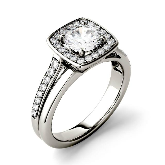 1.27 CTW DEW Round Forever One Moissanite Channel Set Halo with Side Accents Engagement Ring in 14K White Gold