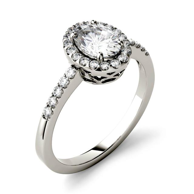 1.74 CTW DEW Oval Forever One Moissanite Halo with Side Accents Engagement Ring in 14K White Gold