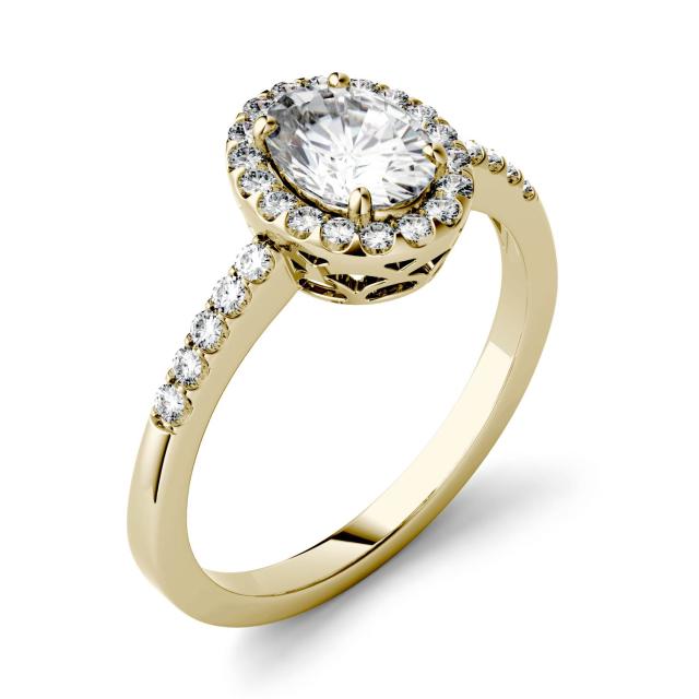 1.74 CTW DEW Oval Forever One Moissanite Halo with Side Accents Engagement Ring in 14K Yellow Gold