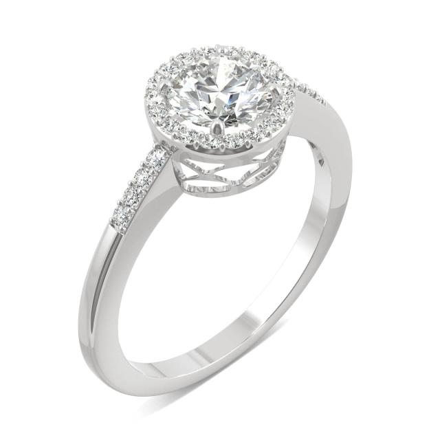 1.01 CTW DEW Round Forever One Moissanite Halo with Side Accents Engagement Ring in 14K White Gold