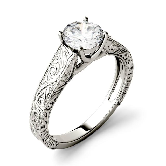 1.00 CTW DEW Round Forever One Moissanite Solitaire with Carved Band Engagement Ring in 14K White Gold
