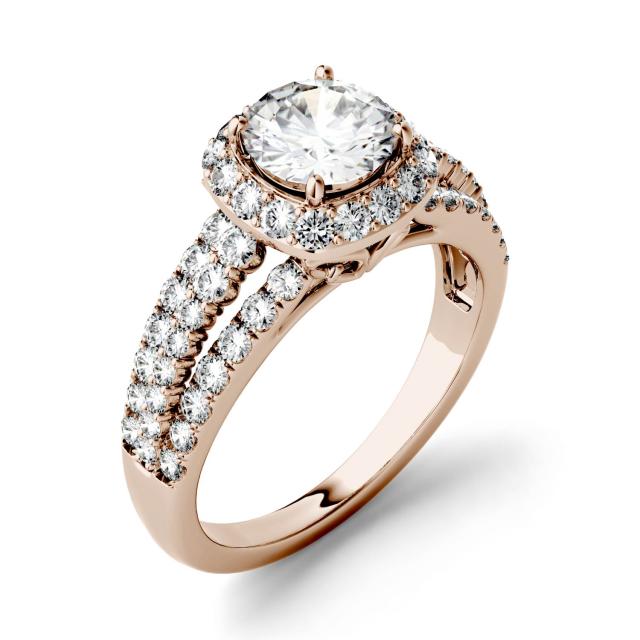 1.86 CTW DEW Round Forever One Moissanite Triple Shank Halo Engagement Ring in 14K Rose Gold