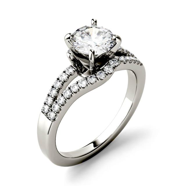 1.31 CTW DEW Round Forever One Moissanite Split Shank Solitaire with Side Accents Engagement Ring in 14K White Gold