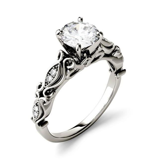 1.07 CTW DEW Round Forever One Moissanite Solitaire with Side Accents Engagement Ring in 14K White Gold
