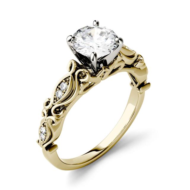 1.07 CTW DEW Round Forever One Moissanite Solitaire with Side Accents Engagement Ring in 14K Yellow Gold