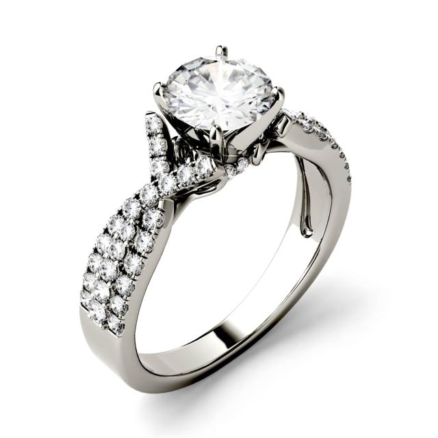1.56 CTW DEW Round Forever One Moissanite Triple Row Solitaire with Side Accents Ring in 14K White Gold