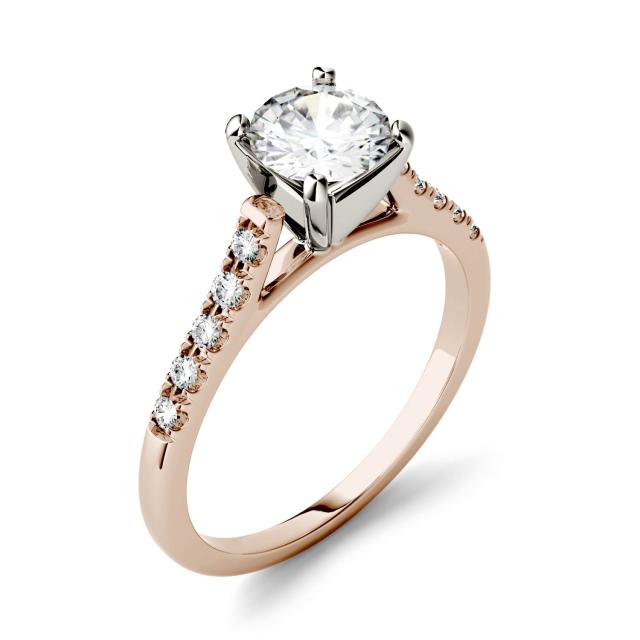 1.15 CTW DEW Round Forever One Moissanite Solitaire with Side Accents Engagement Ring in 14K Two-Tone White & Rose Gold
