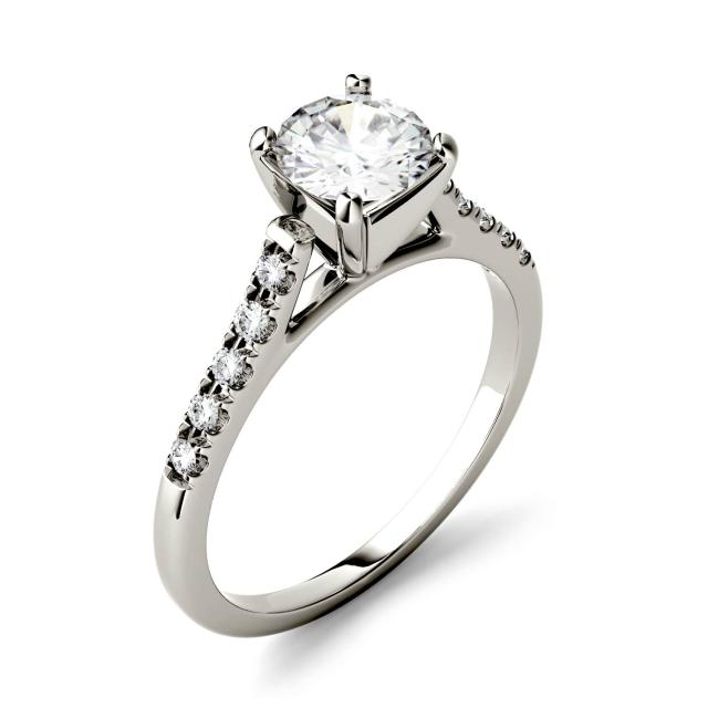1.15 CTW DEW Round Forever One Moissanite Solitaire with Side Accents Engagement Ring in 14K White Gold