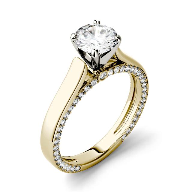 1.53 CTW DEW Round Forever One Moissanite Solitaire with Side Accents Engagement Ring in 14K Yellow Gold