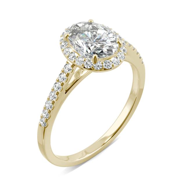 1.77 CTW DEW Oval Forever One Moissanite Halo with Side Accents Engagement Ring in 14K Yellow Gold