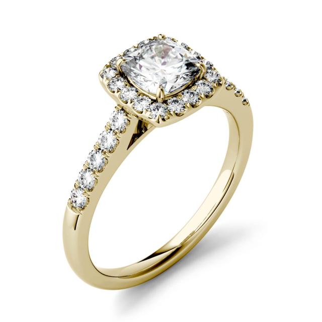 1.16 CTW DEW Cushion Forever One Moissanite Halo with Side Accents Engagement Ring in 14K Yellow Gold