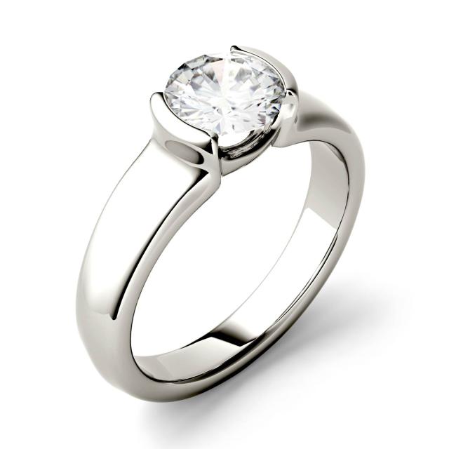 1.20 CTW DEW Round Forever One Moissanite Solitaire Half Bezel Engagement Ring in 14K White Gold