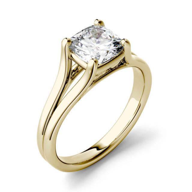 1.10 CTW DEW Cushion Forever One Moissanite Split Shank Solitaire Engagement Ring in 14K Yellow Gold