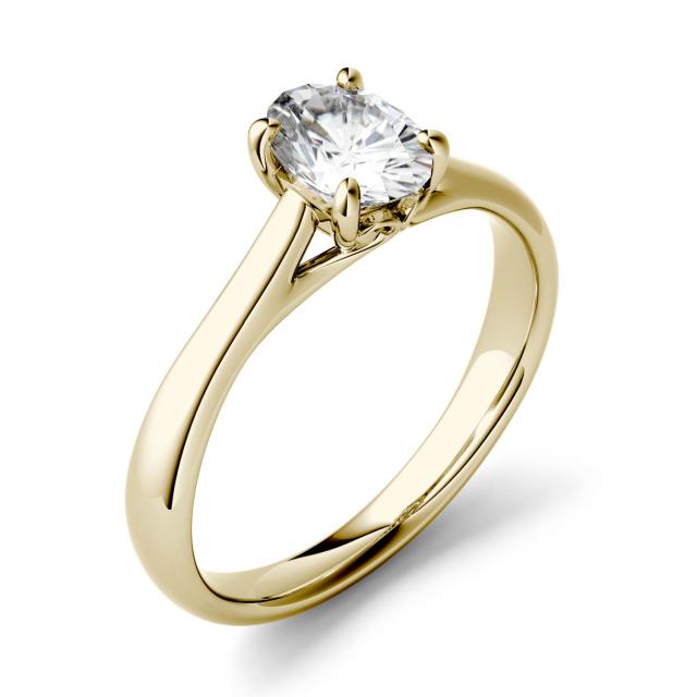 0.90 CTW DEW Oval Forever One Moissanite Four Prong Solitaire Engagement Ring in 14K Yellow Gold