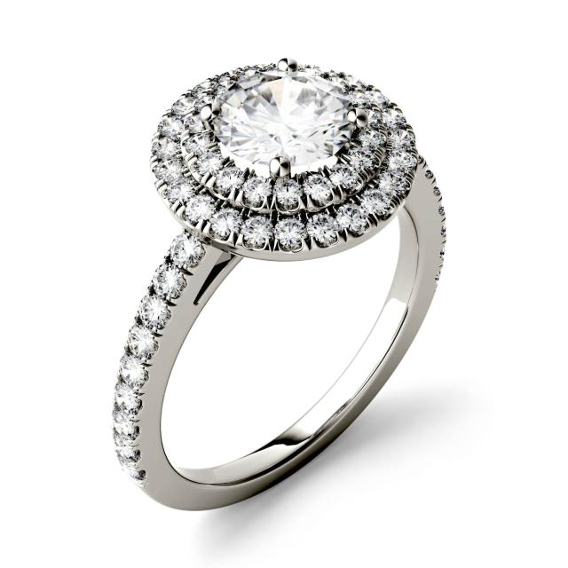 1.68 CTW DEW Round Forever One Moissanite Double Halo with Side Accents Engagement Ring in 14K White Gold