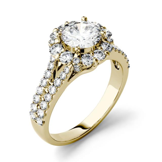 1.88 CTW DEW Round Forever One Moissanite Split Shank Halo with Side Accents Ring in 14K Yellow Gold