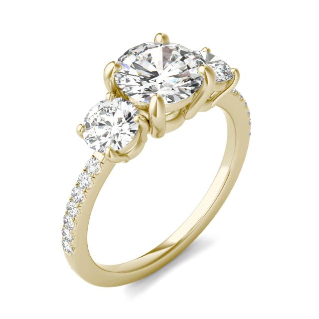 2.14 CTW DEW Round Forever One Moissanite Three Stone with Side Accents Ring in 14K Yellow Gold
