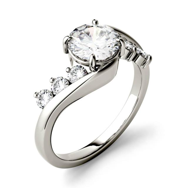 1.38 CTW DEW Round Forever One Moissanite Solitaire Bypass with Side Accents Engagement Ring in 14K White Gold