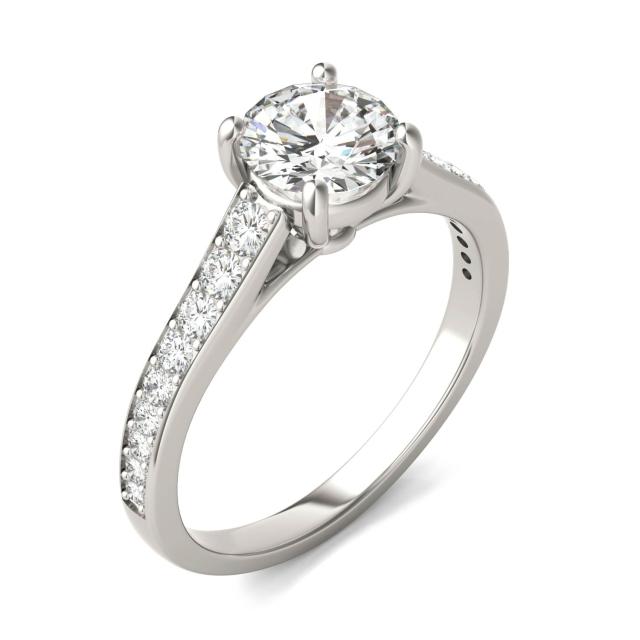 1.38 CTW DEW Round Forever One Moissanite Solitaire with Side Accents Engagement Ring in 14K White Gold