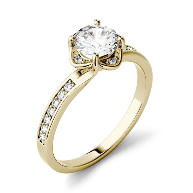 0.59 CTW DEW Round Forever One Moissanite Floral Solitaire with Side Accents Engagement Ring in 14K Yellow Gold