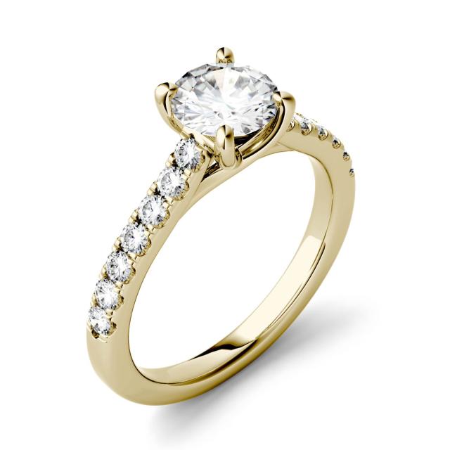 1.28 CTW DEW Round Forever One Moissanite Solitaire with Side Accents Engagement Ring in 14K Yellow Gold