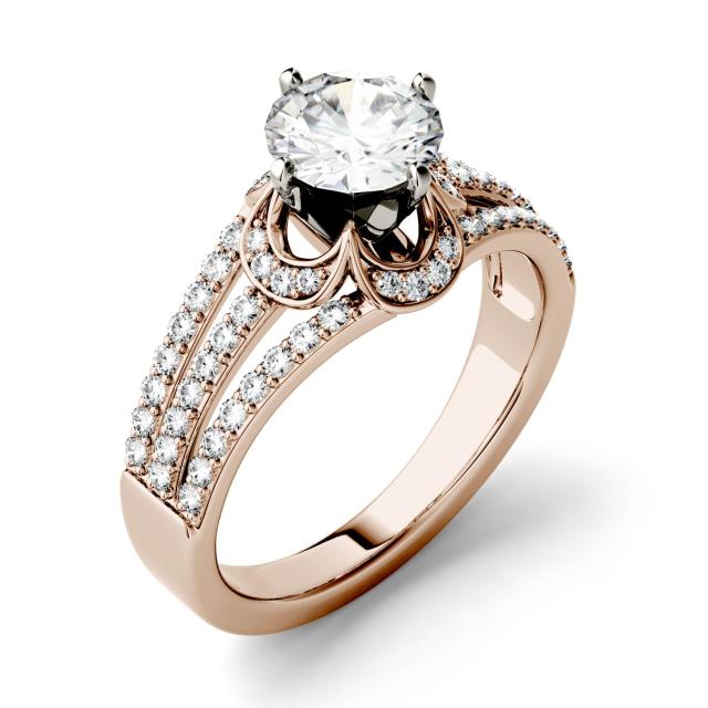 1.58 CTW DEW Round Forever One Moissanite Split Shank Floral Solitaire with Side Accents Engagement Ring in 14K Rose Gold