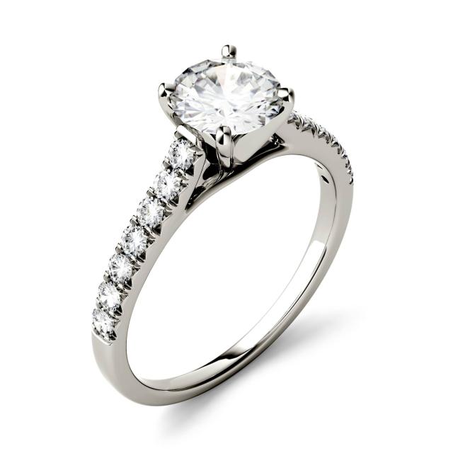 1.82 CTW DEW Round Forever One Moissanite Solitaire with Side Accents Engagement Ring in 14K White Gold