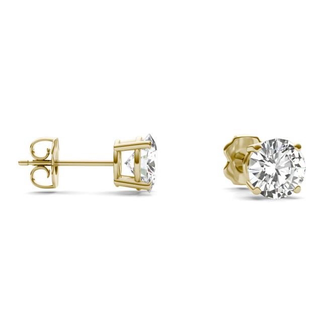 2.00 CTW DEW Round Forever One Moissanite Four Prong Solitaire Stud Earrings in 14K Yellow Gold