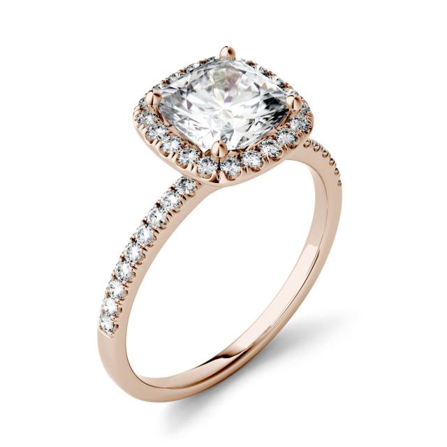 1.60 CTW DEW Cushion Forever One Moissanite Halo with Side Accents Engagement Ring in 14K Rose Gold