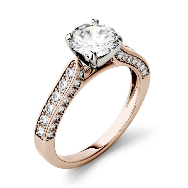 1.50 CTW DEW Round Forever One Moissanite Solitaire with Side Accents Engagement Ring in 14K Rose Gold