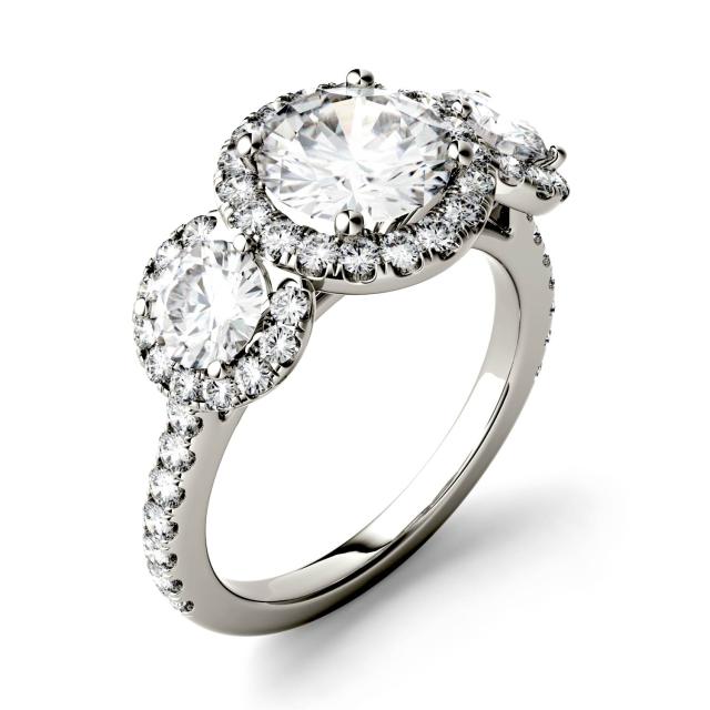 3.09 CTW DEW Round Forever One Moissanite Three Stone Halo Ring in 14K White Gold