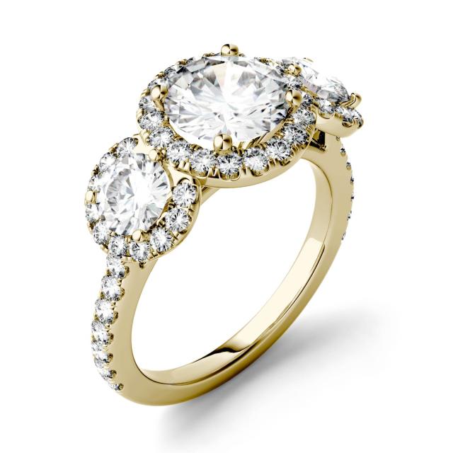 3.09 CTW DEW Round Forever One Moissanite Three Stone Halo Ring in 14K Yellow Gold