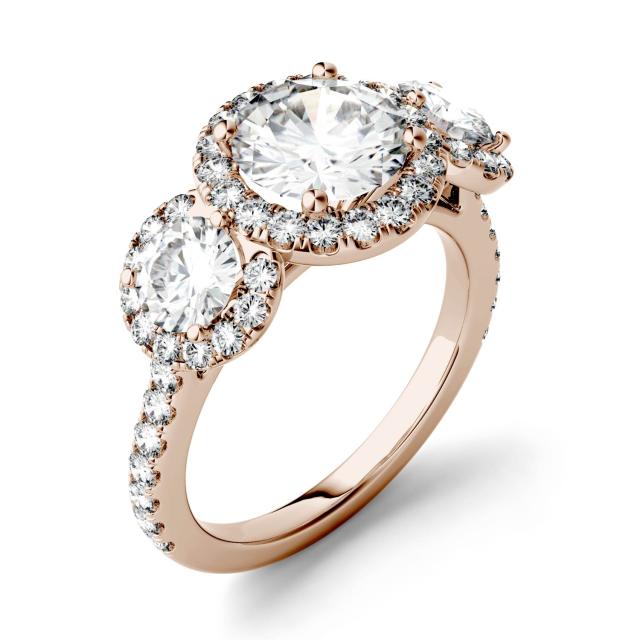 3.09 CTW DEW Round Forever One Moissanite Three Stone Halo Ring in 14K Rose Gold