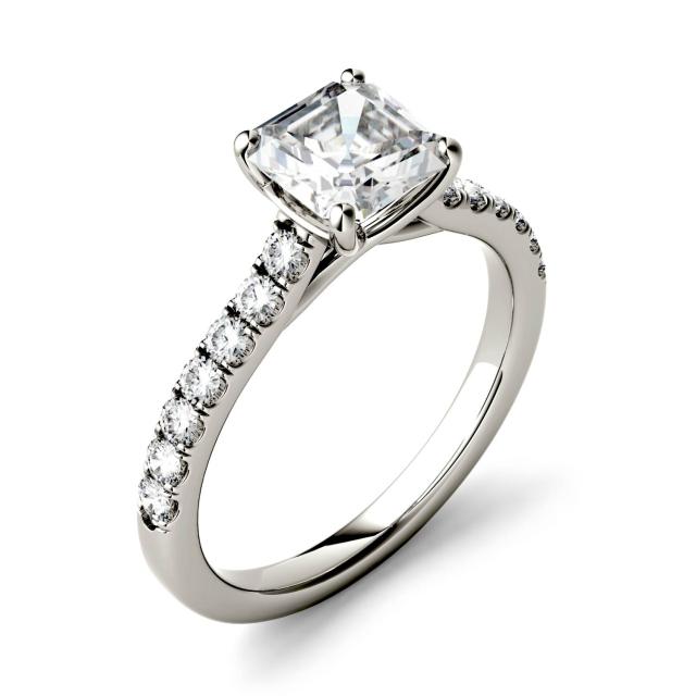 1.58 CTW DEW Asscher Forever One Moissanite Solitaire with Side Accents Engagement Ring in 14K White Gold