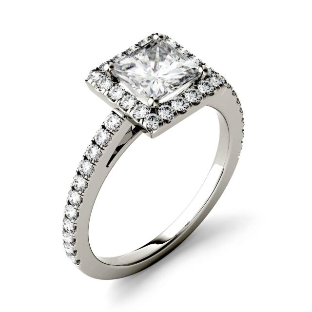 1.32 CTW DEW Square Forever One Moissanite Halo with Side Accents Ring in 14K White Gold