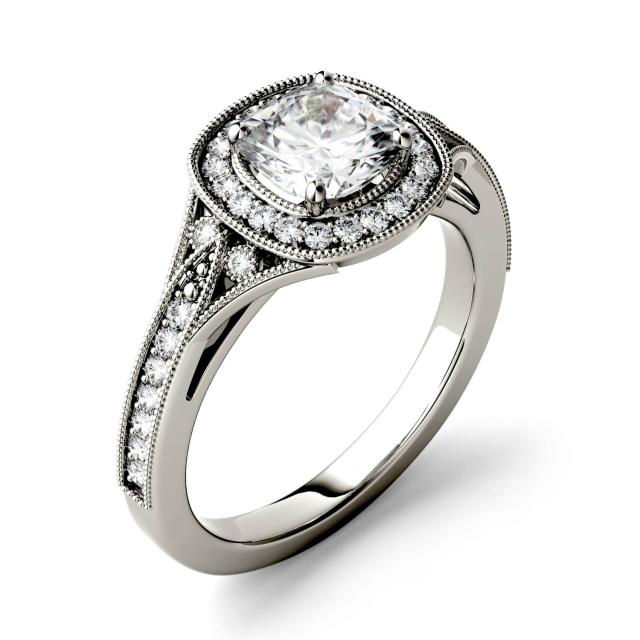 1.34 CTW DEW Cushion Forever One Moissanite Milgrain Halo with Side Accents Engagement Ring in 14K White Gold